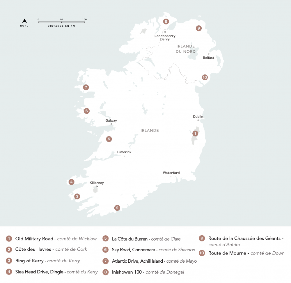 Carte des suggestions de road-trip en Irlande.
