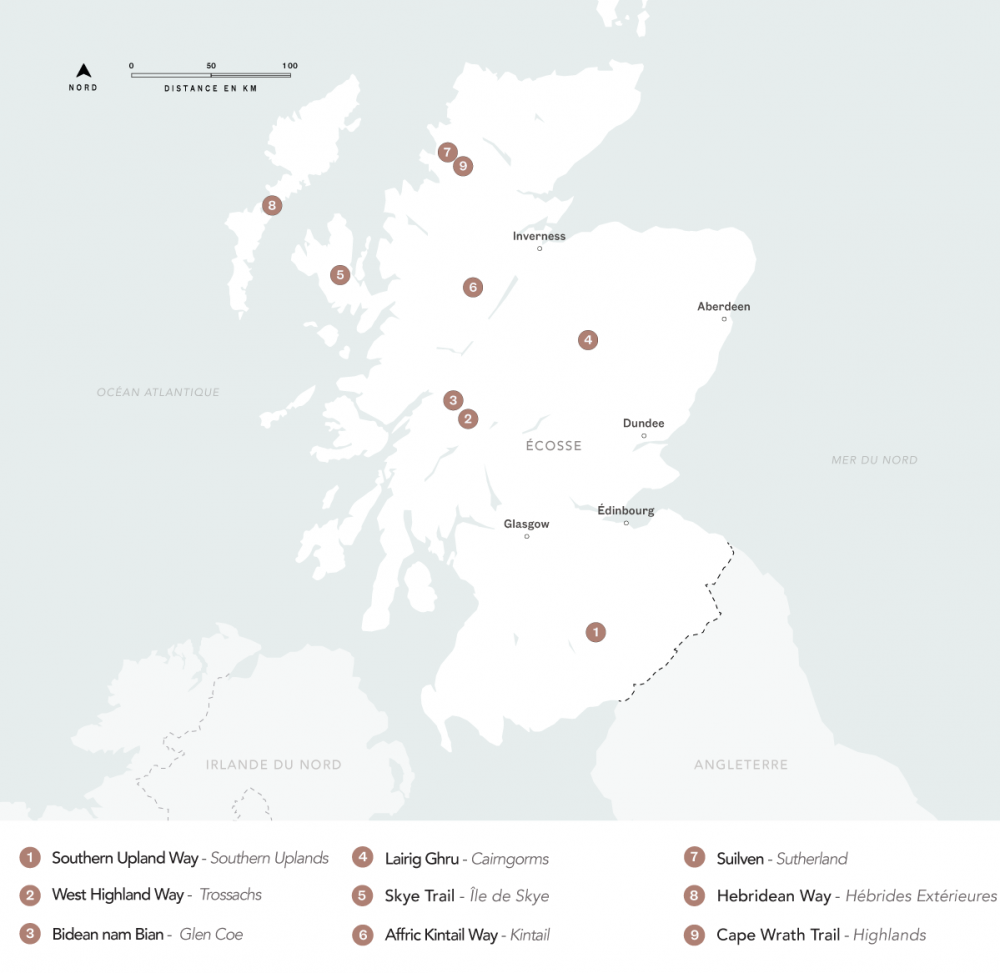Carte des itinéraires de rando d'Écosse.